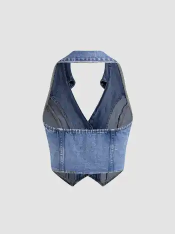 Denim V-neck Solid Button Halter Crop Top
