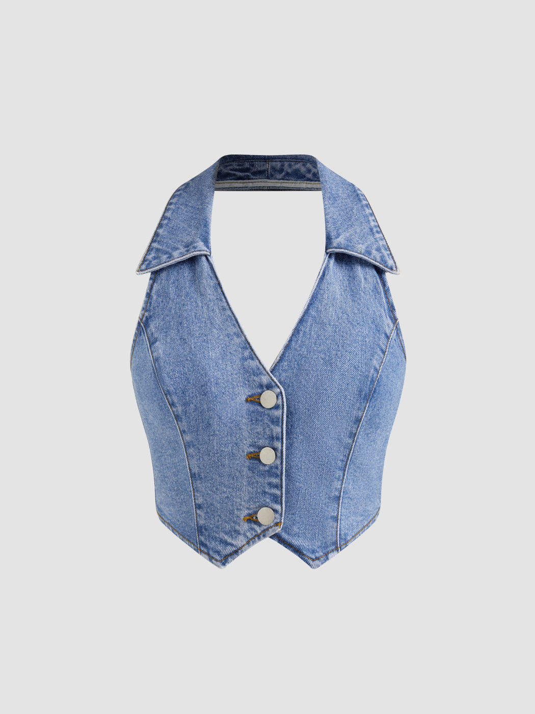 Denim V-neck Solid Button Halter Crop Top