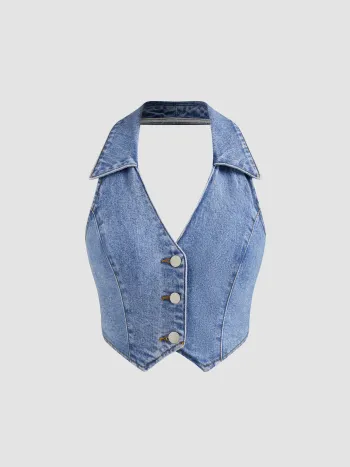 Denim V-neck Solid Button Halter Crop Top