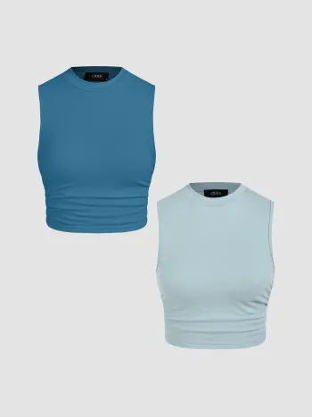 2er-Pack Rundhals Einfarbig Gerafftes Crop Tank Top