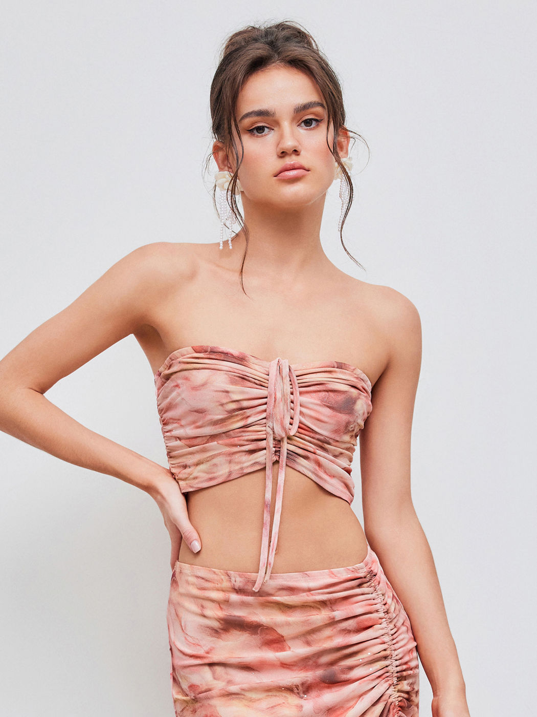  Mesh Abstrakt Pailletten Kordelzug Crop Top