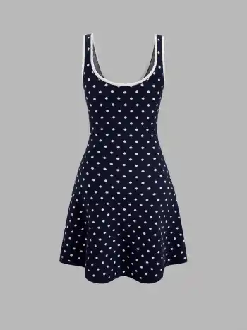 Robe mini en maille à col V, pois et finitions contrastées nouées