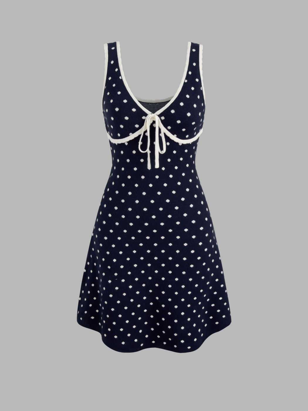 Knitted V-neck Polka Dot Contrasting Binding Knotted Mini Dress