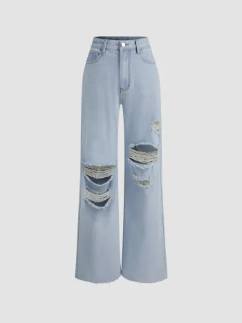 Mid Rise Ripped Straight Leg Jeans