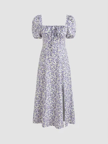 Ruths Blumenmuster Midi-Kleid mit quadratischem Halsausschnitt