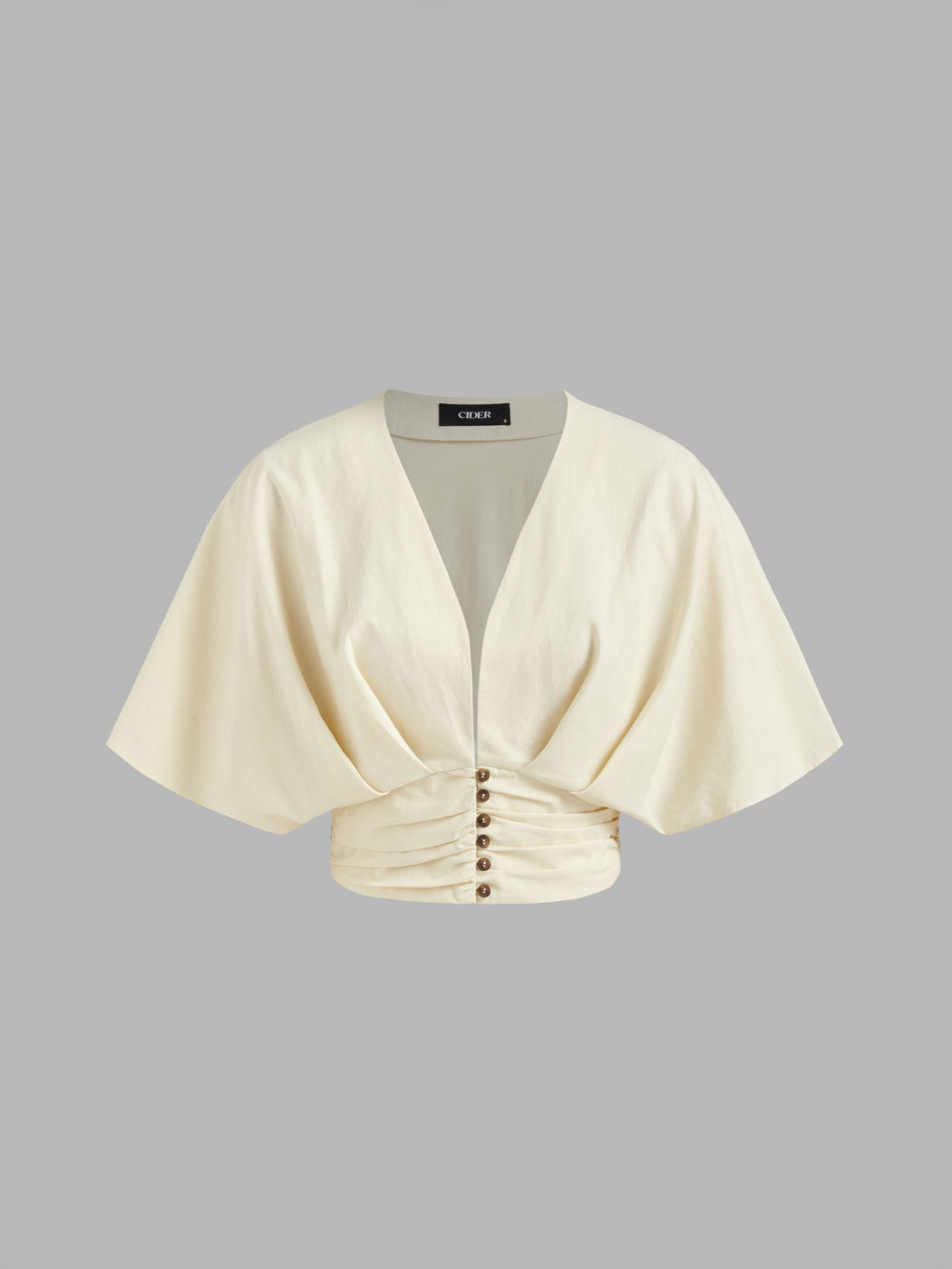 Cotton-blend V-neck Ruched Button Crop Top