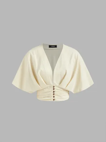 Cotton-blend V-neck Ruched Button Crop Top