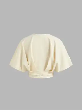 Cotton-blend V-neck Ruched Button Crop Top