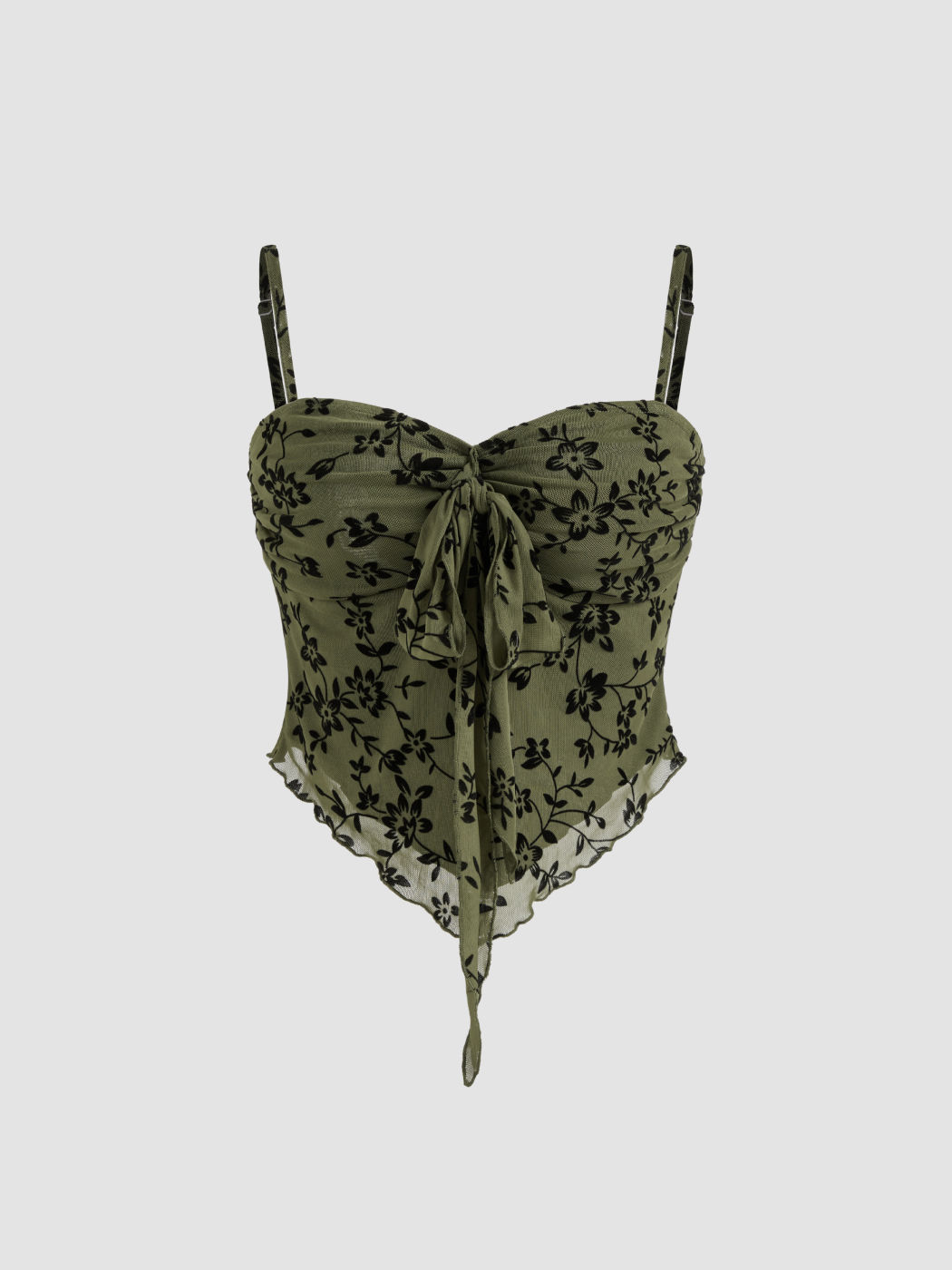 Mesh V-neck Floral Lettuce Trim Knotted Crop Cami Top