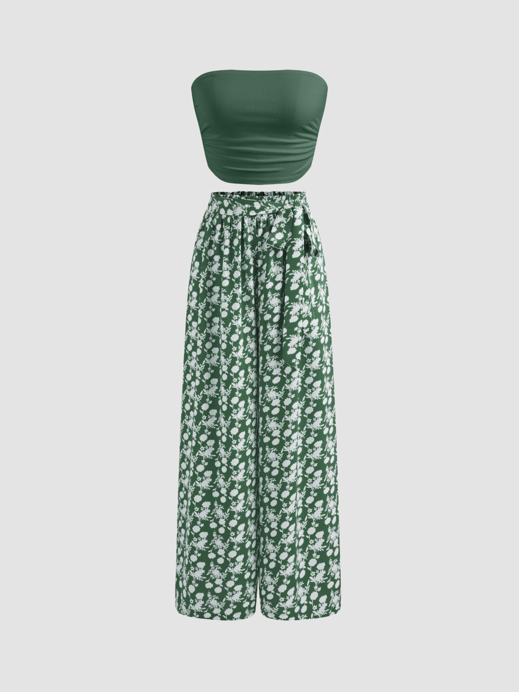 Strapless Solid Ruched Crop Top & Mid Rise Floral Knotted Wide Leg Trousers