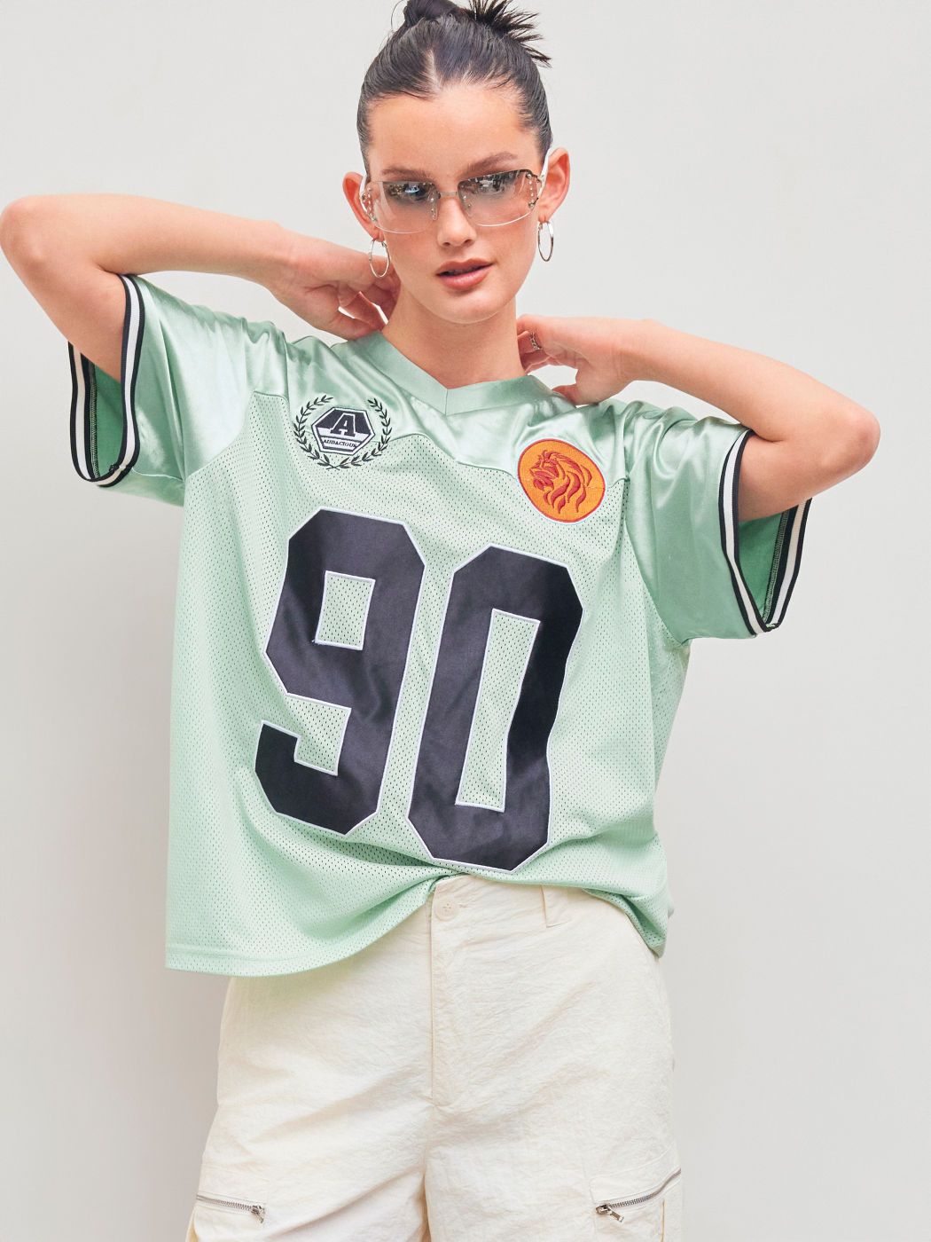 90 Satin V-neck Graphic Short Sleeve Oversized Tee
