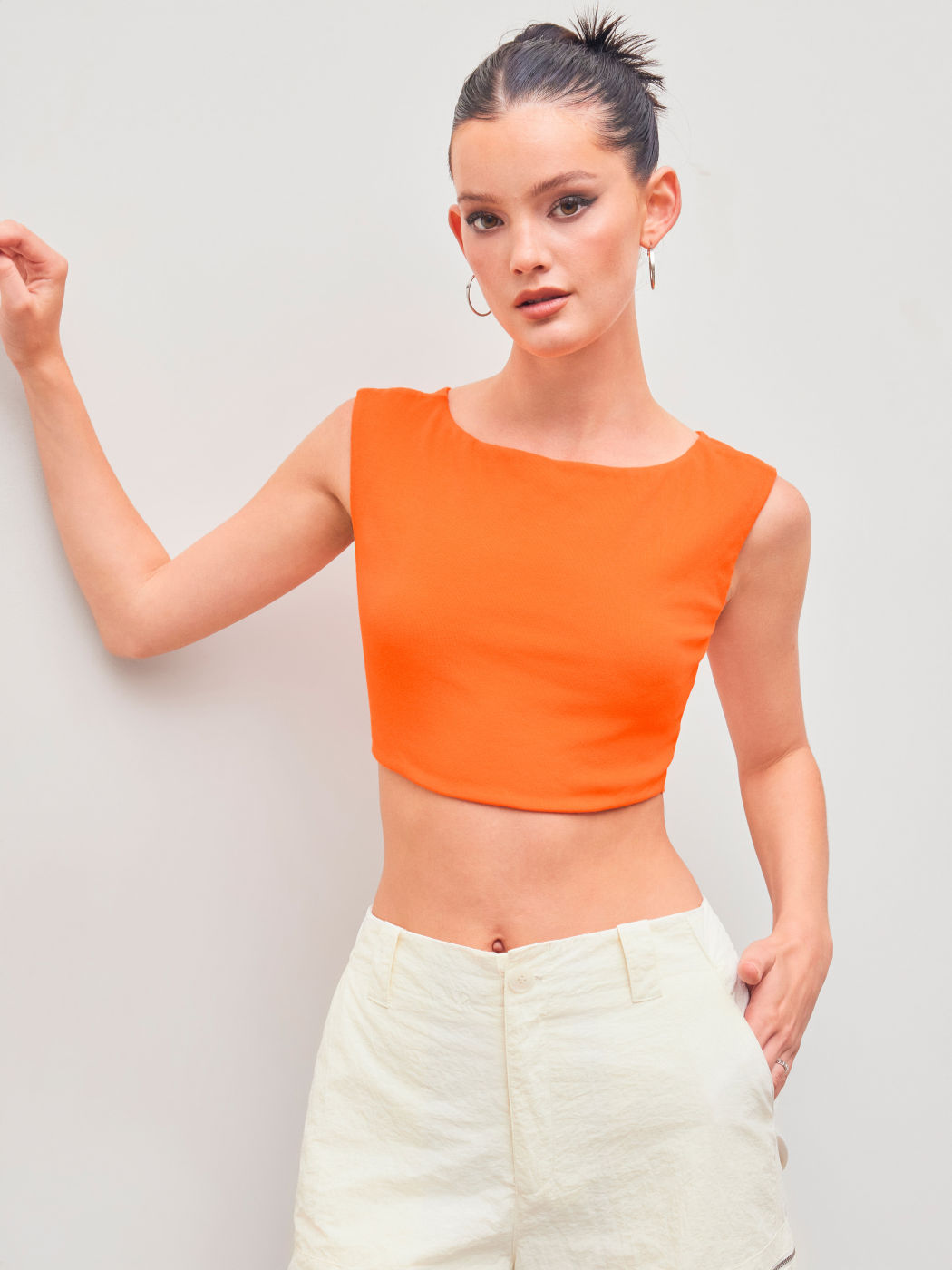 Cotton-blend Boat Neck Solid Short Sleeve Crop Top