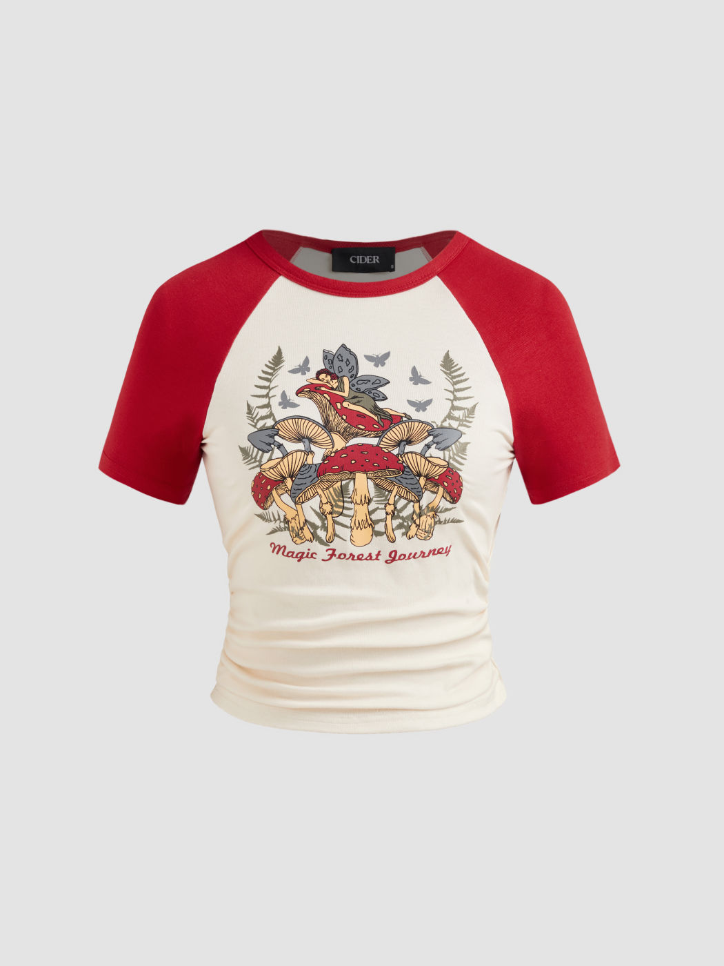 Maglietta a manica corta con grafica a collo tondo a forma di fungo e farfalla