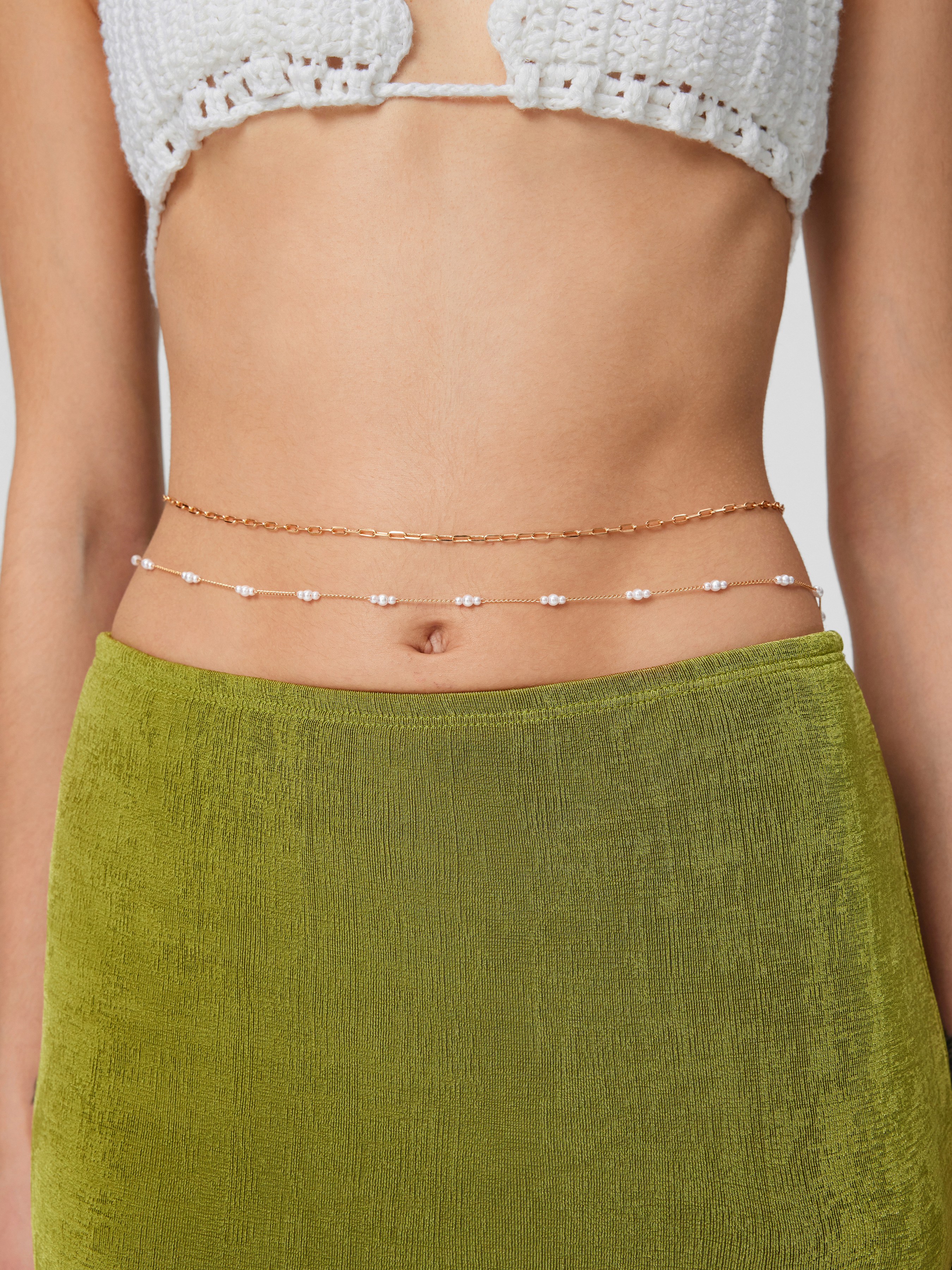 2PCS FAUX PEARL & CHAIN DECOR WAIST CHAIN