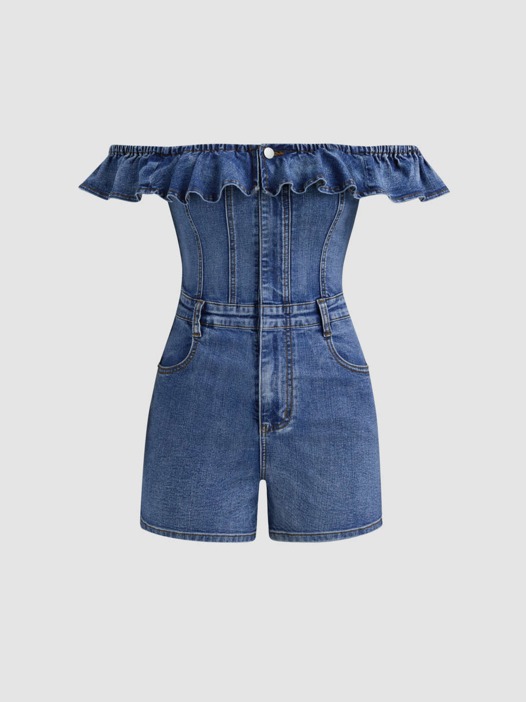 Off the shoulder denim romper clearance
