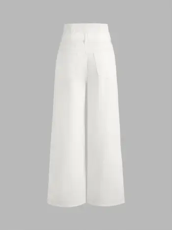 Double High Rise Solid Button Wide Leg Jeans
