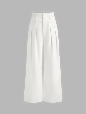 Double High Rise Solid Button Wide Leg Jeans
