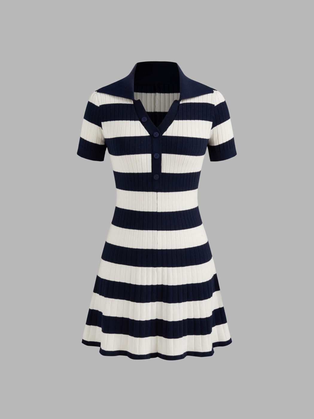 Knitted Collar Striped Button Mini Dress