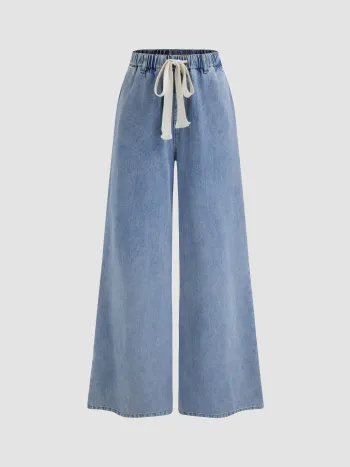Leslie Denim Pantaloni a vita alta solidi a gamba larga con lacci sul davanti