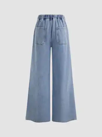 Leslie Denim Pantaloni a vita alta solidi a gamba larga con lacci sul davanti