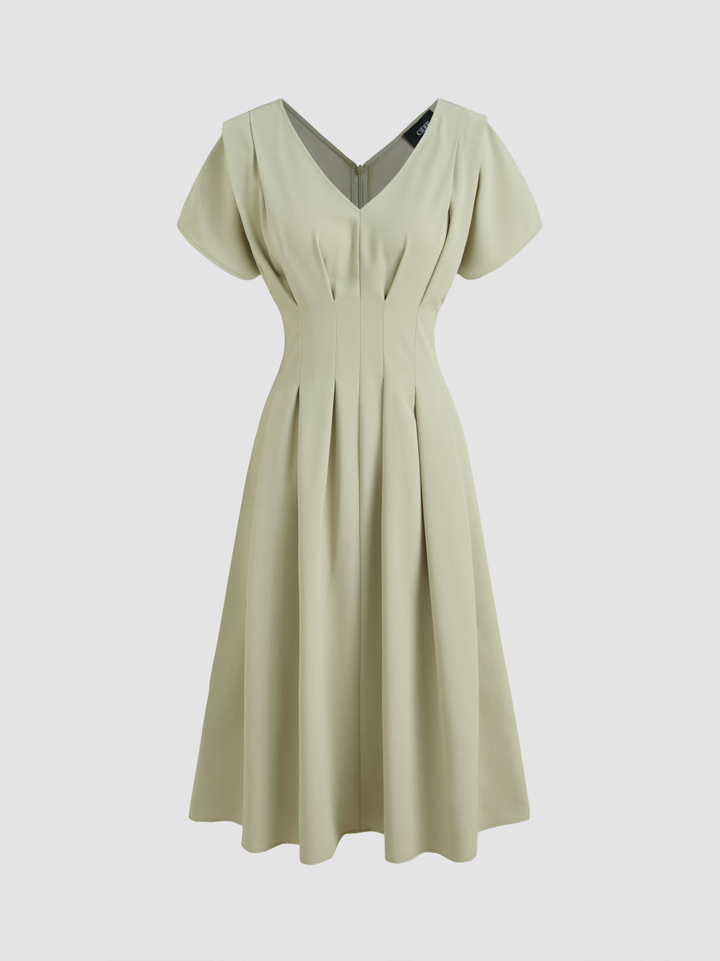 V-neck Solid Pleated Midi Dress