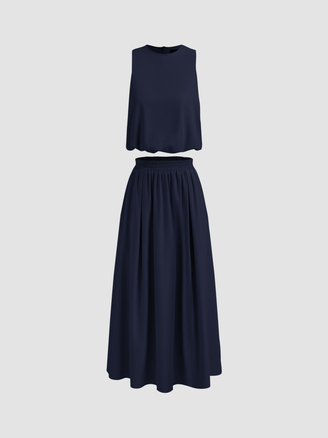 Woven Round Neck Solid Crop Tank Top & Mid Rise Ruffle Maxi Skirt