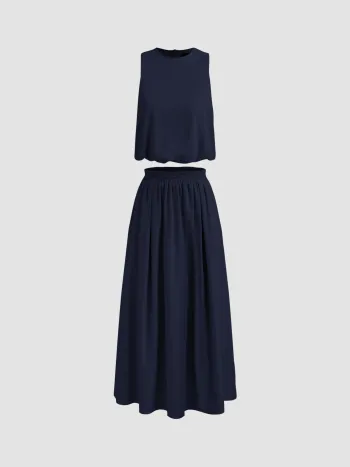 Gewebtes Rundhals-Solid-Crop-Tank-Top & Maxi-Rüschenrock mit Mittelhöhe