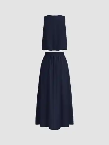 Gewebtes Rundhals-Solid-Crop-Tank-Top & Maxi-Rüschenrock mit Mittelhöhe