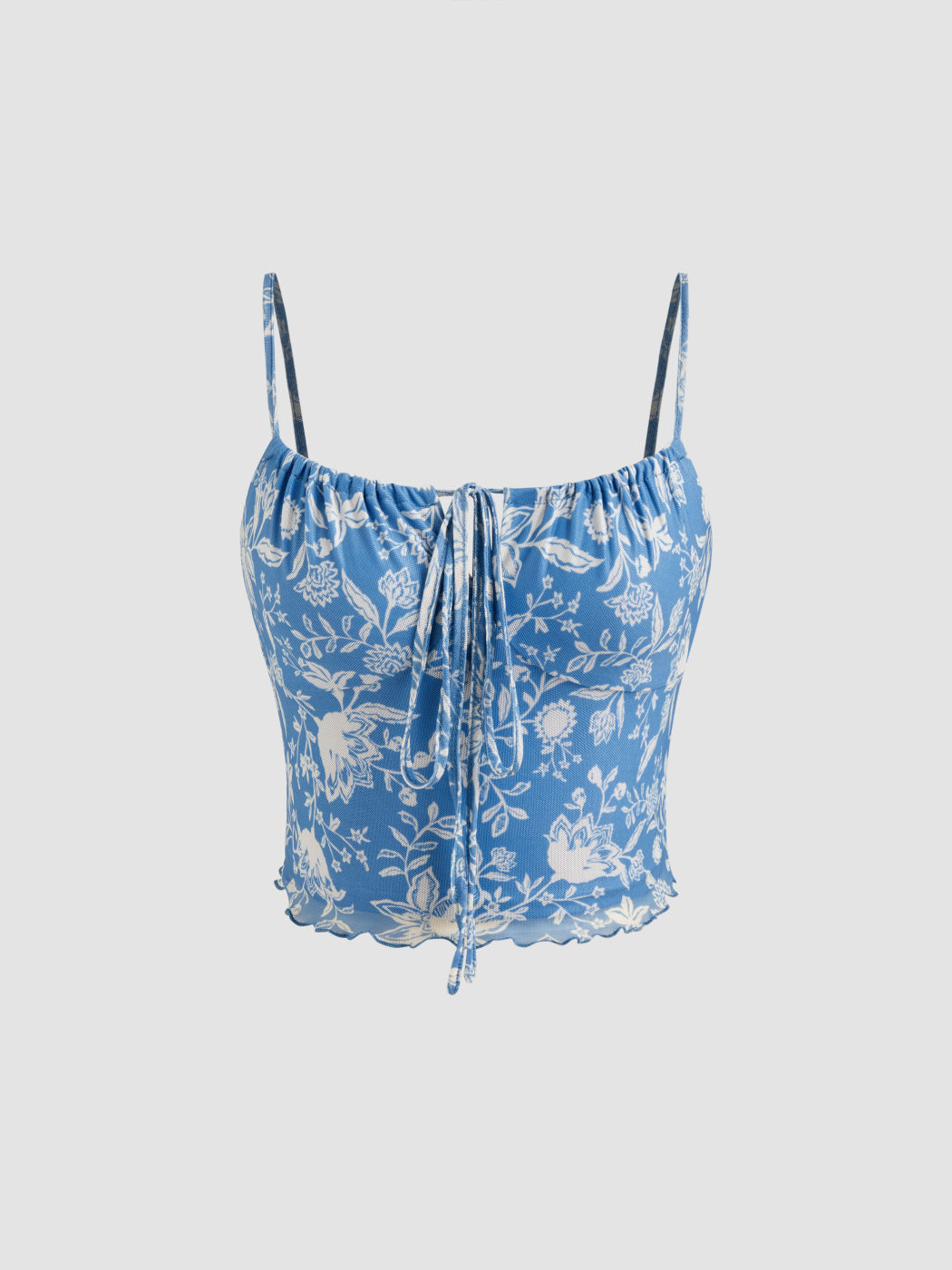 Mesh Scoop Neckline Floral Knotted Crop Cami Top With High Rise Solid Twist Split Maxi Skirt