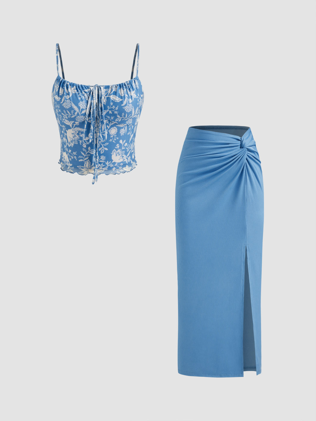 Mesh Scoop Neckline Floral Knotted Crop Cami Top With High Rise Solid Twist Split Maxi Skirt