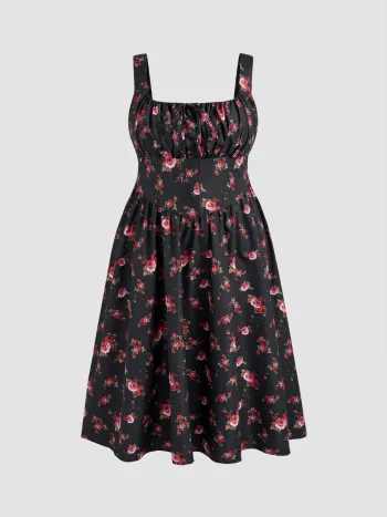 Woven Square Neck Floral Corset Knotted Ruffle Midi Dress Curve & Plus