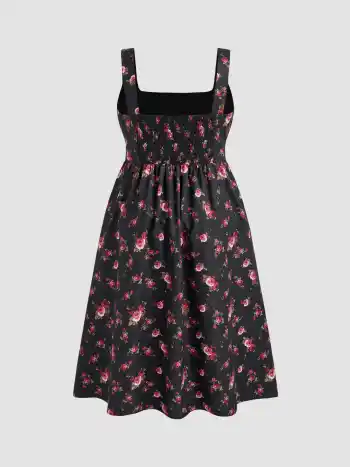 Woven Square Neck Floral Corset Knotted Ruffle Midi Dress Curve & Plus