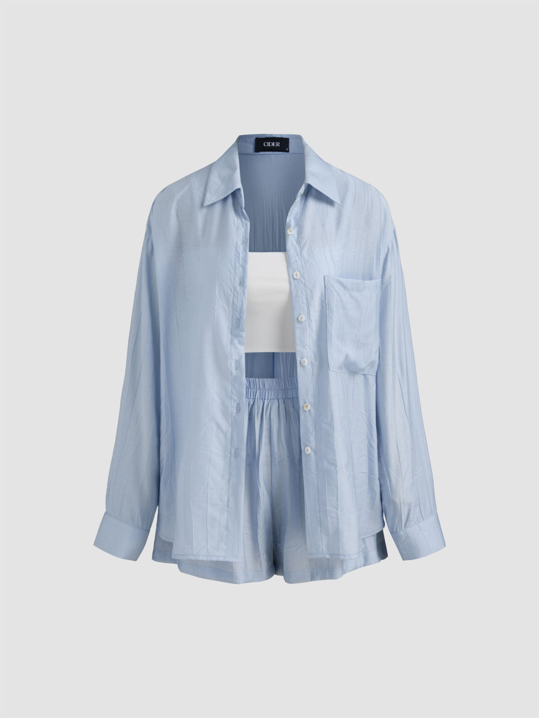 Kragen Einfarbig Langarmhemd & Einfarbiges Crop Tube Top Mit Mittelhoher Einfarbiger Weitbein Shorts
