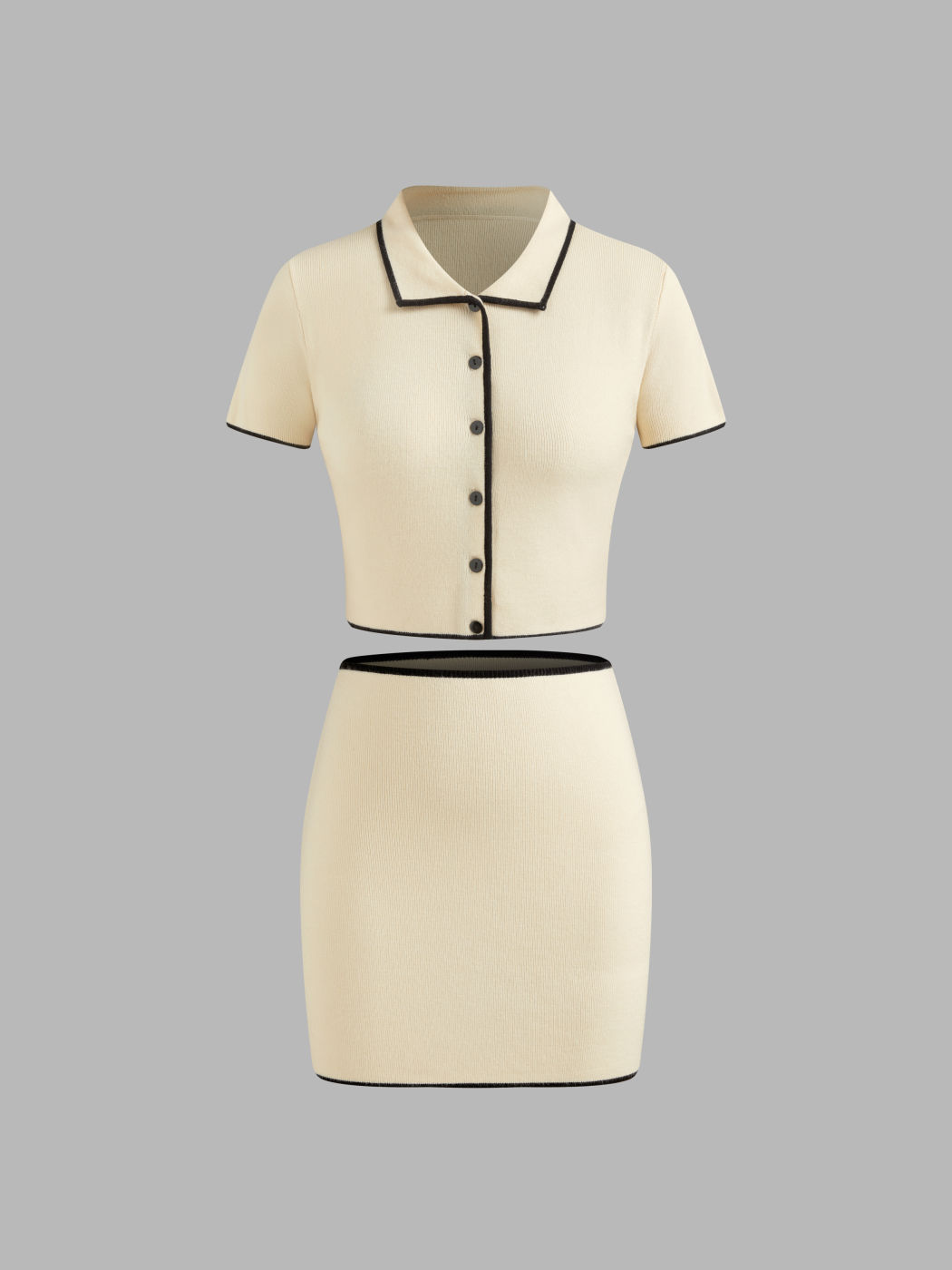 Polo in maglia con rilegatura a contrasto Top a maniche corte con minigonna a mezza vita con rilegatura a contrasto