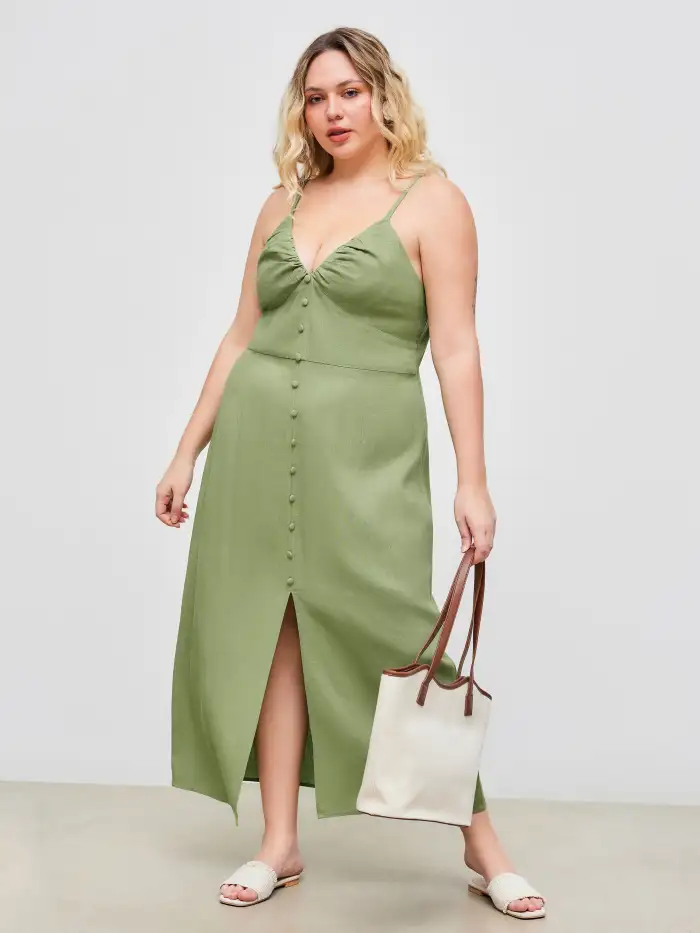 Linen-blend Linen-blend Button Split Midi Dress Curve & Plus For Date  Vacation
