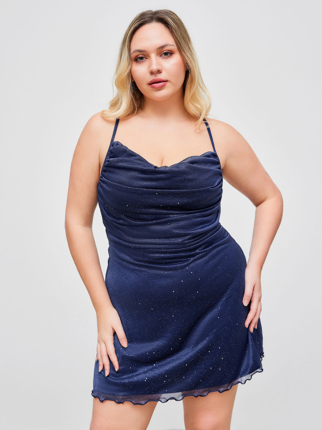 Mesh Cowl Neck Solid Sequin Ruched Lettuce Trim Mini Dress Curve & Plus
