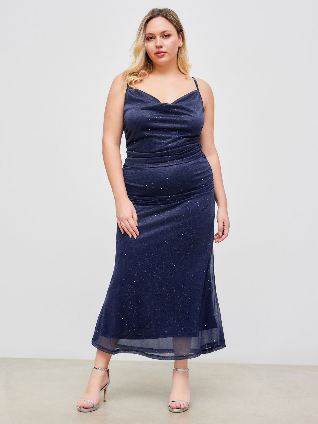 Cowl Neck Glitter Crop Cami Top & Ruched Maxi Skirt Curve & Plus