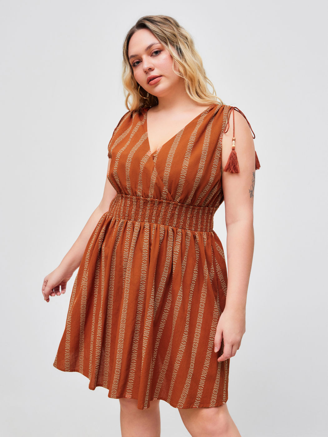 100% Cotton V-neck Boho Tassel Drawstring Shirred Mini Dress Curve & Plus