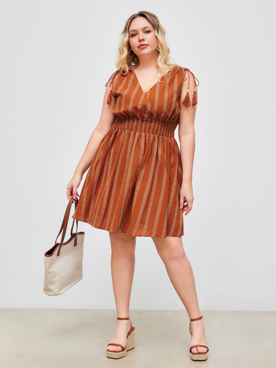 100% Cotton V-neck Boho Tassel Drawstring Shirred Mini Dress Curve & Plus