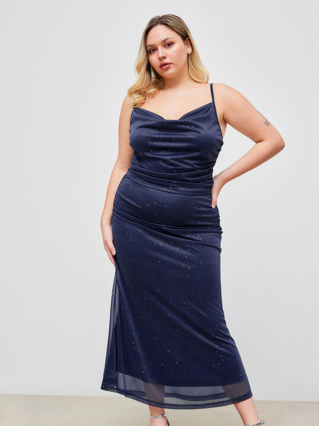 Cowl Neck Glitter Crop Cami Top & Ruched Maxi Skirt Curve & Plus
