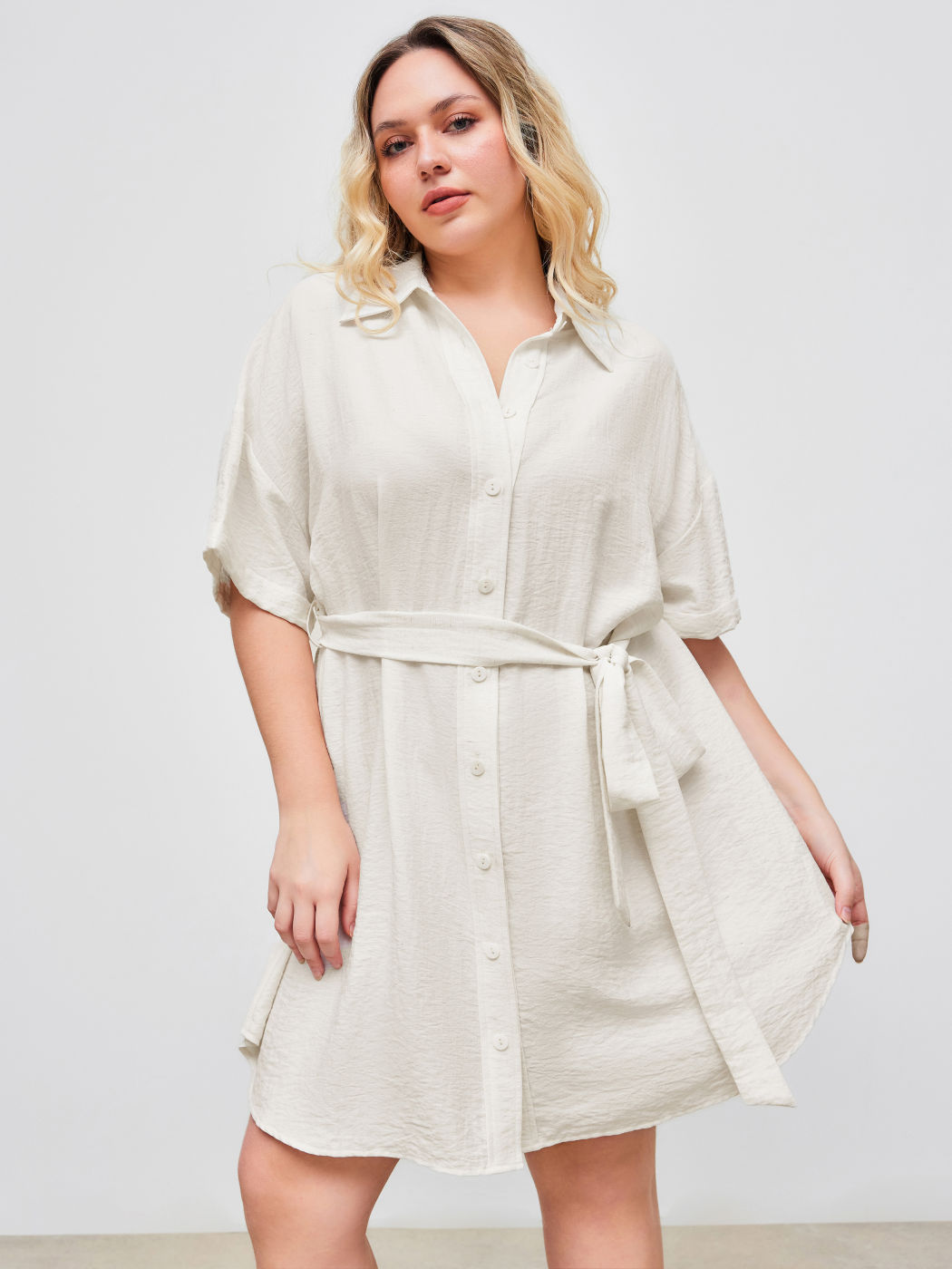 Linen-blend Collar Solid Button Roll-up Sleeve MIni Shirt Dress With Belt Curve & Plus