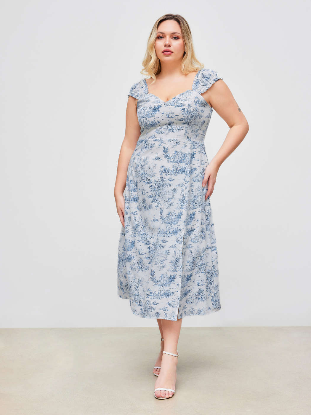 Tissé Woven Sweetheart Toile de Jouy Split Midi Dress Curve Plus