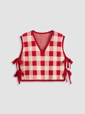 Knit V-neck Check Knotted Vest Curve & Plus