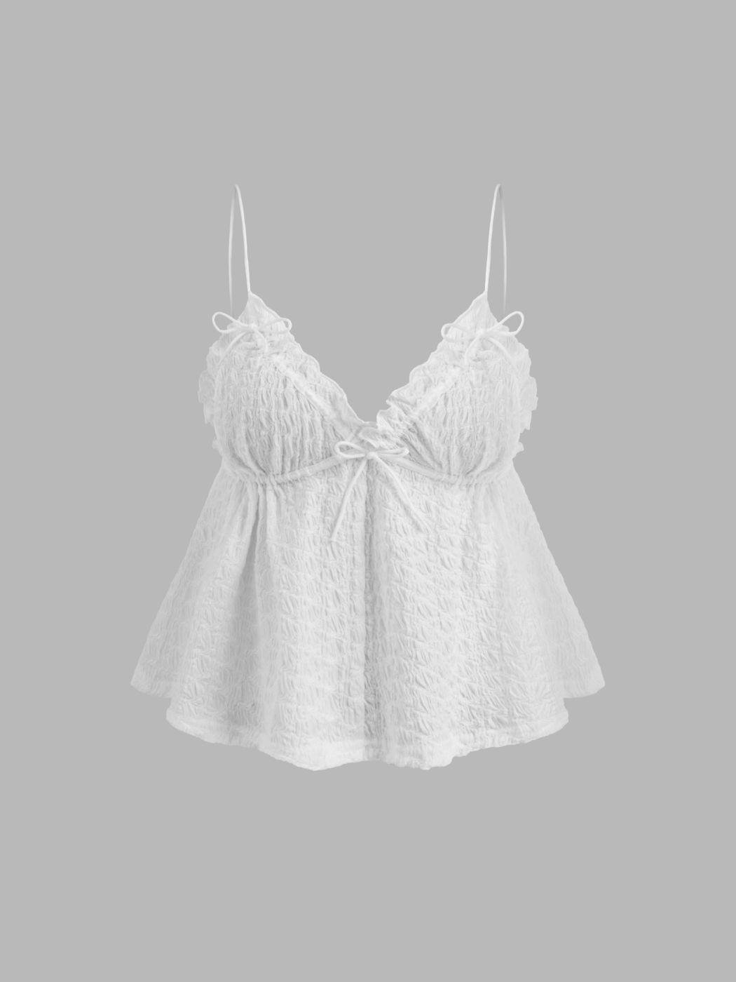 V-neck Solid Bowknot Texture Ruffle Crop Cami Top
