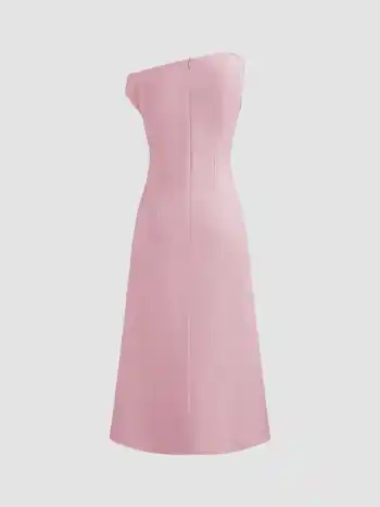 Asymmetrical Neck Solid Ruched Maxi Dress