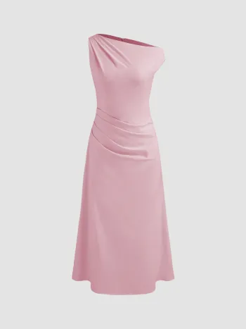 Asymmetrical Neck Solid Ruched Maxi Dress