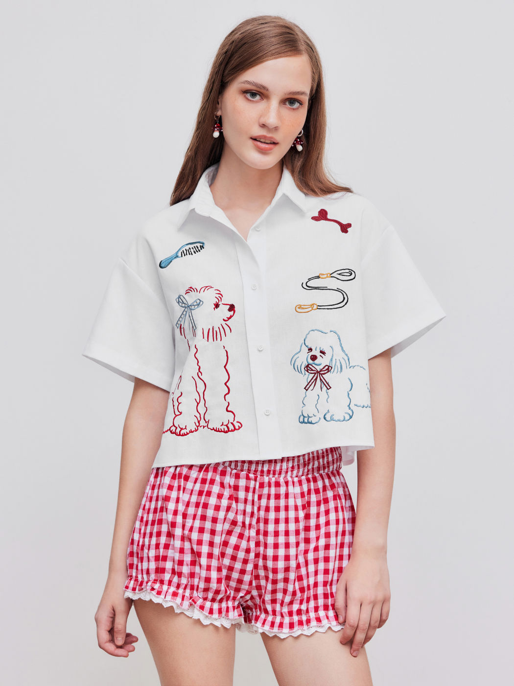 Leinenmischung Kragen Hund Stickerei Crop Oversized Hemd