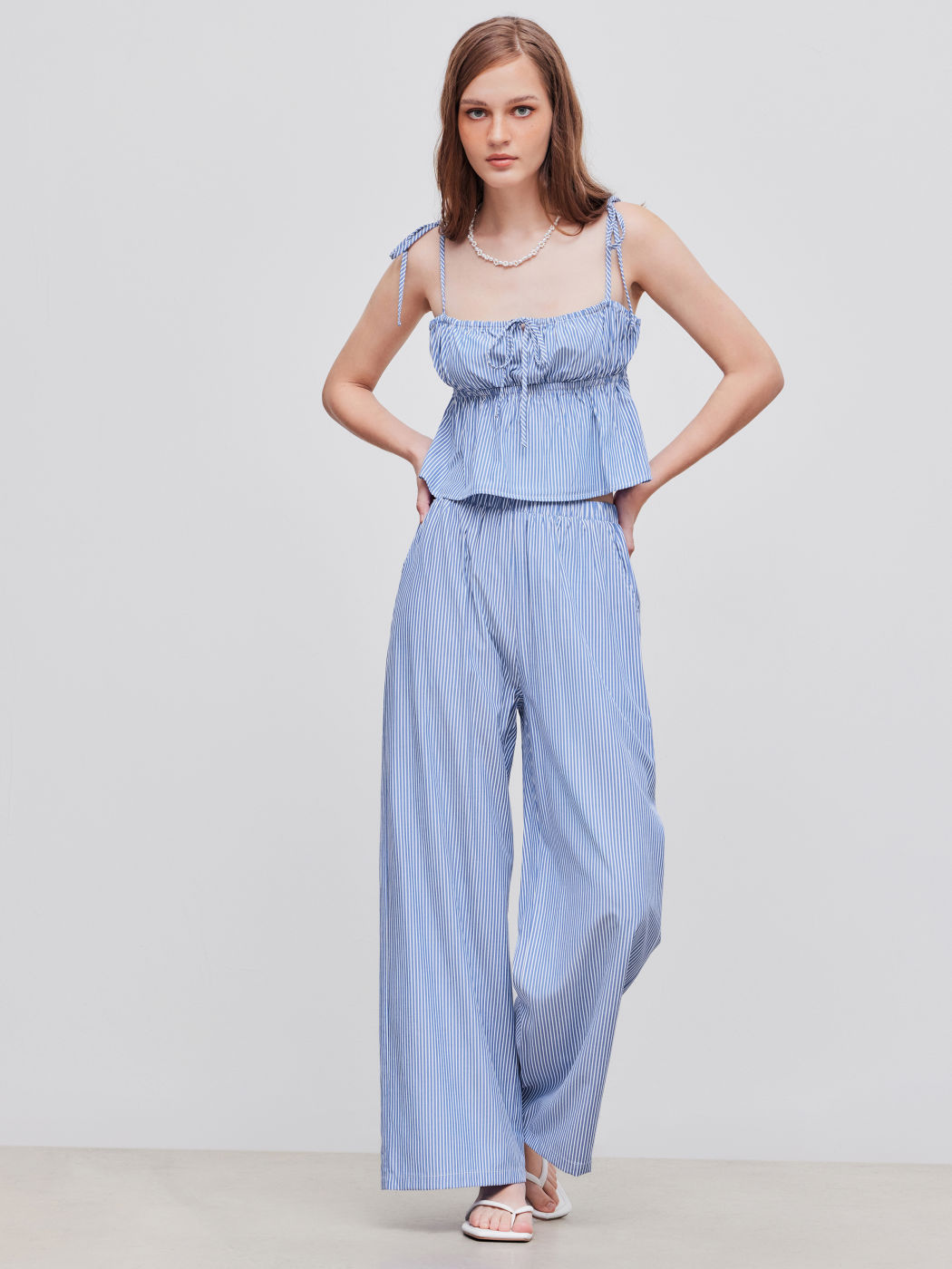 Square Neck Striped Knotted Crop Cami Top With High Rise Striped Wide Leg Trousers