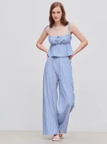 Square Neck Striped Knotted Crop Cami Top With High Rise Striped Wide Leg Trousers