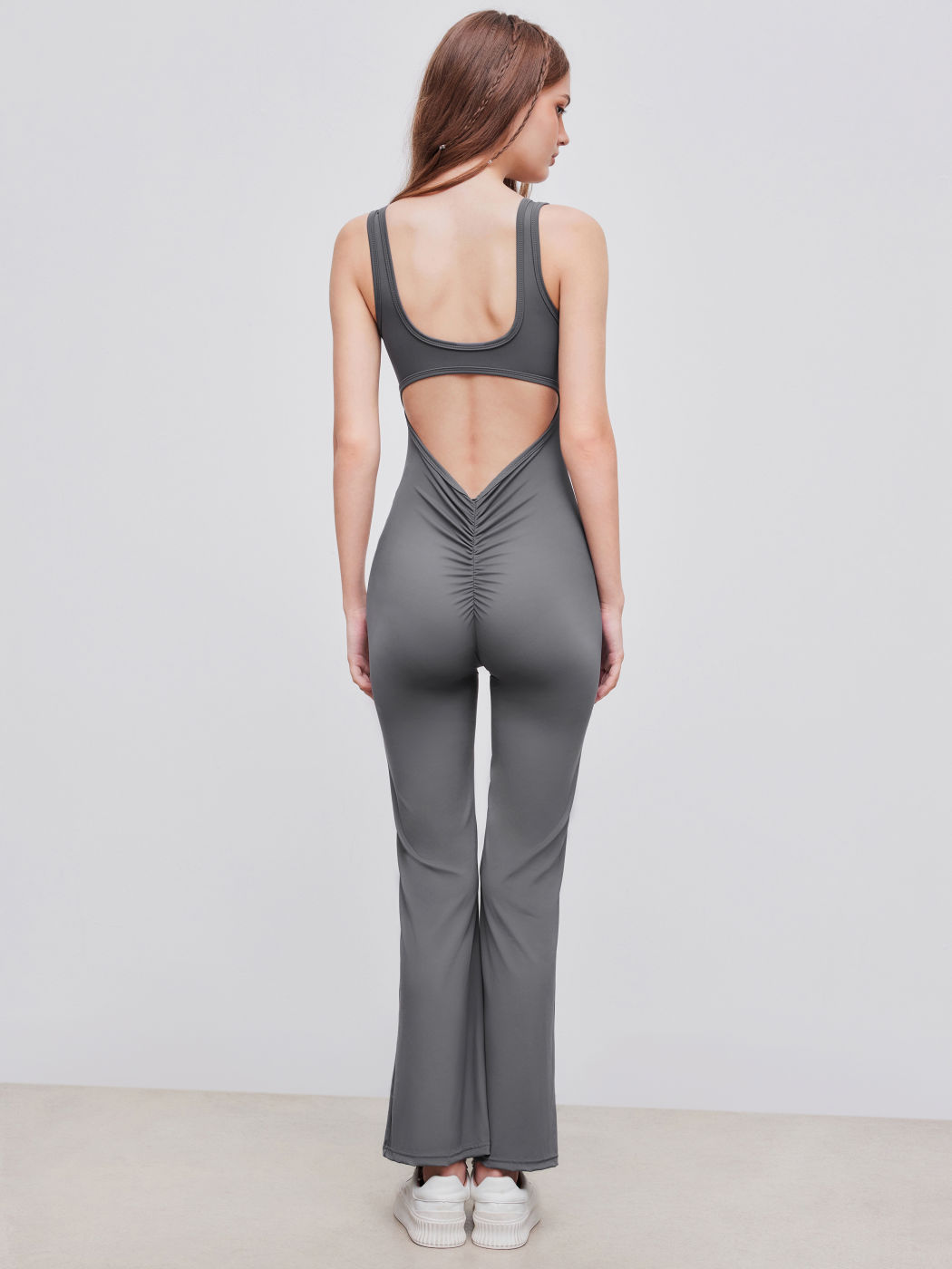 Square Neck Backless Ruched Flared Jumpsuit 